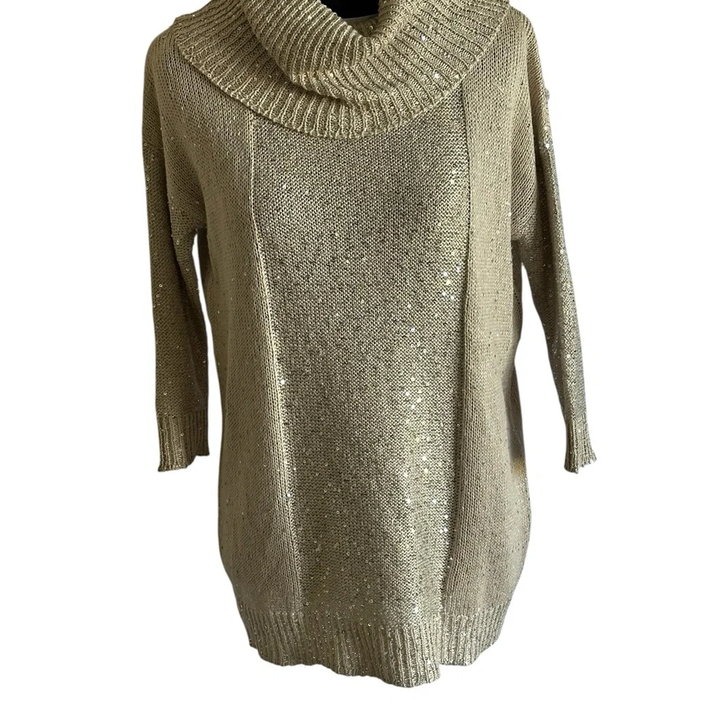 Belldini Cream Cowl Neck Sequin Sweater Party Festive Shimmer Detail